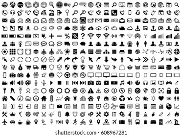 Black internet web icons collection on white background