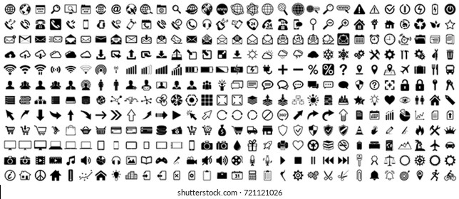 Black internet web icons collection on white background