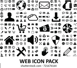 Black internet web icons collection on white background