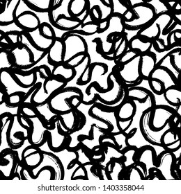 Black intersecting brushstrokes seamless pattern. Monochrome hand drawn textured drawing. Doodle grunge lines on white background.  Ink brush texture, wrapping paper, wallpaper vector fill.