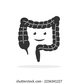 black intestinal tract icon with happy smile. simple graphic design web element isolated on white background. internal organ of human digestive system or healthy gut badge
