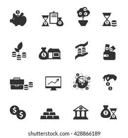 Black investment icon set equipments of bank and everything that is connected with money and investment of funds vector illustration