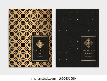 Black invitation card design with geometric golden pattern. Luxury vector template. Great for flyer, menu, brochure, postcard, background, wallpaper, decoration, packaging or any desired idea.