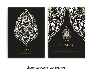 Black invitation card design with golden ornament pattern. Luxury vintage vector template. Can be used for background and wallpaper. Elegant and classic vector elements great for decoration.