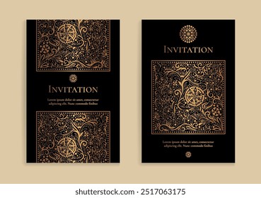 Black invitation card design with golden ornament pattern. Luxury vintage vector template. Can be used for background and wallpaper. Elegant and classic vector elements great for decoration.