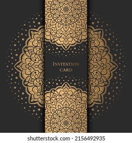 Diseño de tarjetas de invitación negras con motivos y elementos decorativos dorados. Plantilla vectorial de lujo. Ideal para el volante, el menú, el folleto, la postal, el fondo, el papel pintado, la decoración o cualquier idea deseada.