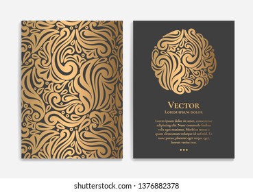 Black invitation card with golden abstract ornament design. Luxury vintage template with elegant and classic vector elements. Can be used for background and wallpaper or decoration.