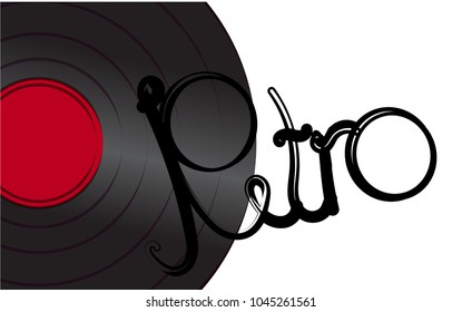 Black iridescent vinyl analog musical retro old antique hipster vintage gramophone record for gramophone and retro inscription on white background on the left. Vector illustration