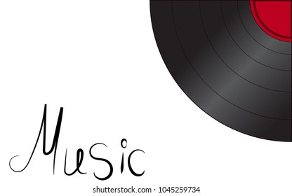 Black iridescent vinyl musical analogue retro old antique hipster vintage gramophone record for gramophone and music inscription on white background in the right corner. Vector illustration