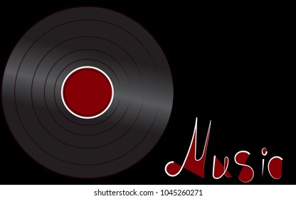 Black iridescent vinyl musical analogue retro old antique hipster vintage gramophone record for gramophone and inscription retro music on a black background in the center. Vector illustration