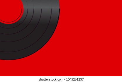 Black iridescent vinyl musical analogue retro old antique hipster vintage gramophone record with a red center for a gramophone on a red background in the left corner. Vector illustration