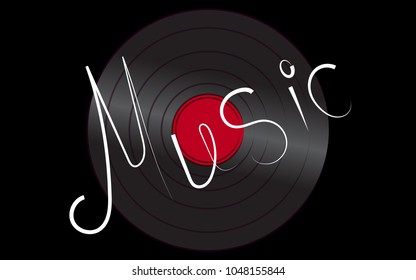 Black iridescent vinyl musical retro old  vintage gramophone record and inscription music on a black background. Vector illustration