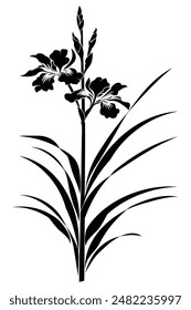 Black iris flower silhouette blooming with leaves, perfect for elegant and minimalist designs