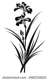 Black iris flower silhouette blooming with leaves, perfect for elegant and minimalist designs