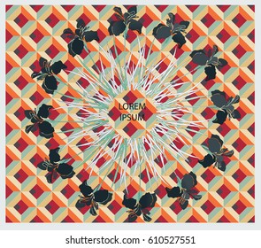 Black iris flowers forming circle isolated on bright patterned background. Vector illustration. Element for design of invitations, movie posters, fabrics and other objects.