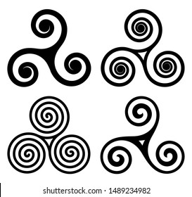 Black Irish, breton and scottish traditonal symbols, celtic triskels vector set. Triple spirals isolated on white background.