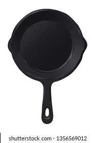 Black iron cast skillet frying pan, hand drawn vector illustration isolated on white background