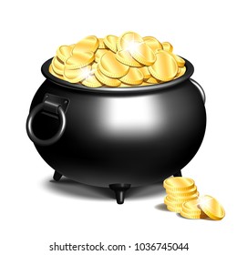 Black iron cauldron full of gold coins isolated on white background. Stack of gold coins near the black pot. Vector illustration for St. Patricks Day poster or card.