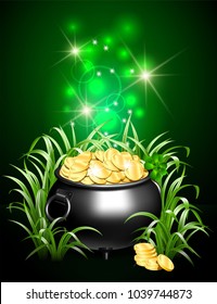 Black iron cauldron full of gold coins with mystic bright light in grass on dark background. Stack of gold coins near the pot. St. Patricks Day symbol. Vector illustration.