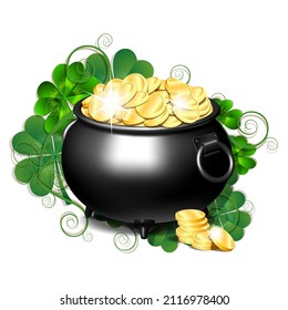 Black iron cauldron full of gold coins isolated on white background. Stack of gold coins near the black pot. St. Patricks Day symbol. Vector illustration.