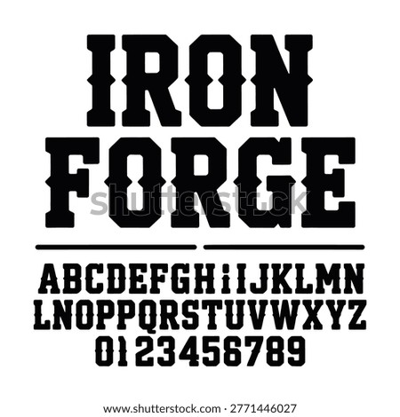 Black Iron Forge font typeface uppercase letters and numbers on white background, showcasing bold and distressed style with alphabet and digits