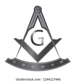 Black iron masonic square and compass symbol, with G letter. Mystic occult esoteric, sacred society. Vector illustration