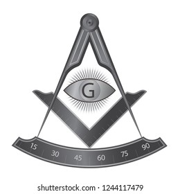 Black iron masonic square and compass symbol, with G letter in an eye on sun rays. Mystic occult esoteric, sacred society. Vector illustration