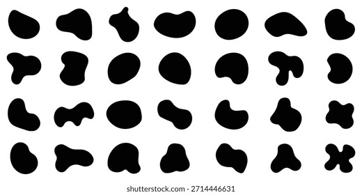 black irregular blob shapes set. Organic random liquid forms in flat style. Various shapes of irregular blobs. Random blob circles silhouette icon set. 