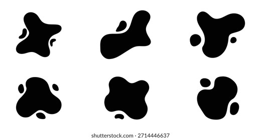 black irregular blob shapes set. Organic random liquid forms in flat style. Various shapes of irregular blobs. Random blob circles silhouette icon set. 