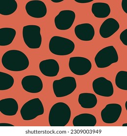 black irregular dots, spots on rust coral background, vector seamless repeat pattern