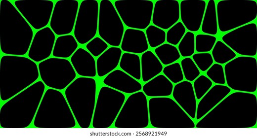 A black irregular polygon pattern with glowing green lines resembling cracked glass or organic cells, creating a futuristic and abstract design.

