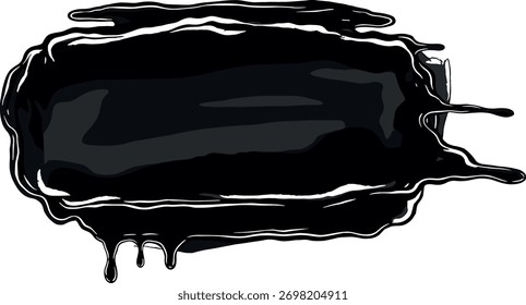 A black, irregular shape with a glossy surface and dripping edges, resembling a paint splatter or ink blot.