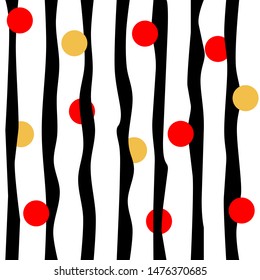 black irregular stripes with red and golden dots, vector abstract seamless pattern