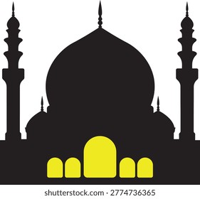 Black islamic architecture silhouette featuring large dome and tall minarets with bright yellow light from windows.