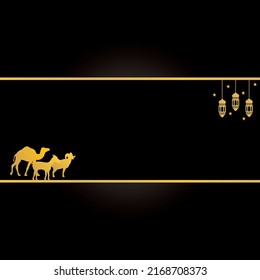 black Islamic background design with camel, sheep, goat and lantern decoration. suitable for the design of Eid al-Adha, Hajj, Eid al-Fitr, Ramadan, and other Islamic celebrations. islamic vector