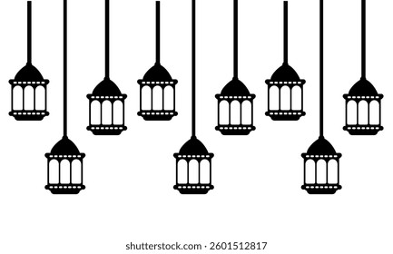 Black Islamic lantern lamp set clip art element isloated in white background. Eid mubarak graphic element printable header border vector