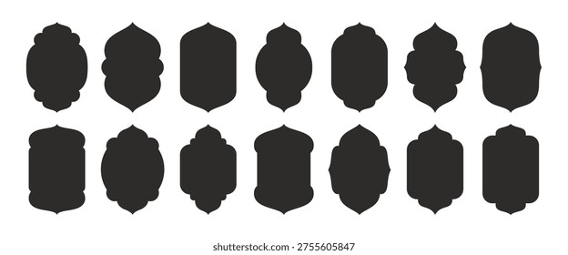 Black islamic ramadan frame arch shape vector illustration set. Modern arabian ethnic border.