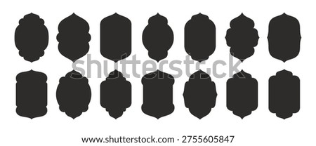 Black islamic ramadan frame arch shape vector illustration set. Modern arabian ethnic border.