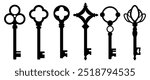 Black Isolate Antique key silhouettes vector design, Medieval and modern keys clip art, vintage , Gothic and Retro style graphic elements for Decoration, Classic illustration, Stock (Editable)