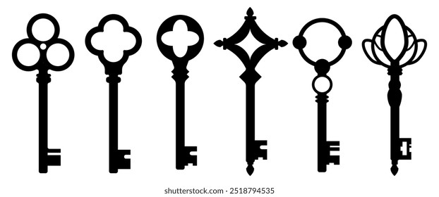 Black Isolate Antique key silhouettes vector design, Medieval and modern keys clip art, vintage , Gothic and Retro style graphic elements for Decoration, Classic illustration, Stock (Editable)