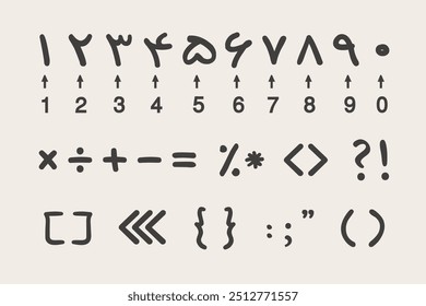 Black isolated Arabic and English numbers and mathematical signs and symbols template set on pink background 