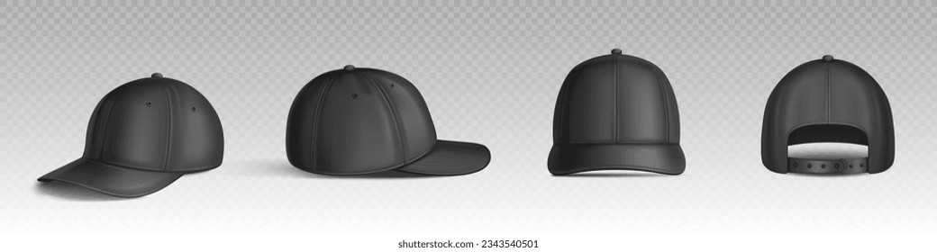 Black isolated baseball cap vector mockup template. 3d realistic hat with visor men sport clothes design mock up icon. Empty corporate leather or cotton headdress wear model layout clipart pack.