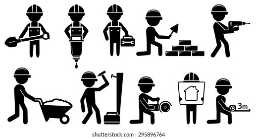 black isolated builders set with tools on white background