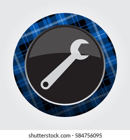 black isolated button with blue, black and white tartan pattern on the border - light gray spanner icon in front of a gray background