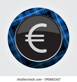 black isolated button with blue, black and white tartan pattern on the border - light gray euro currency symbol icon in front of a gray background