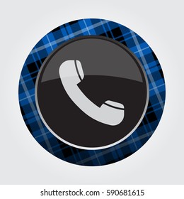 black isolated button with blue, black and white tartan pattern on the border - light gray old telephone handset icon in front of a gray background