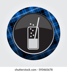 black isolated button with blue, black and white tartan pattern on the border - light gray glass with carbonated drink and straw icon in front of a gray background