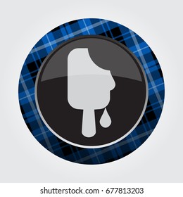 black isolated button with blue, black and white tartan pattern on the border - light gray melting stick ice cream icon in front of a gray background