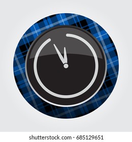 black isolated button with blue, black and white tartan pattern on the border - light gray last minute clock icon in front of a gray background