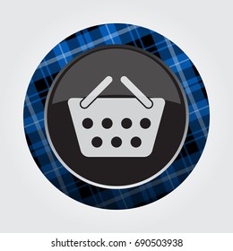 black isolated button with blue, black and white tartan pattern on the border - light gray shopping basket icon in front of a gray background